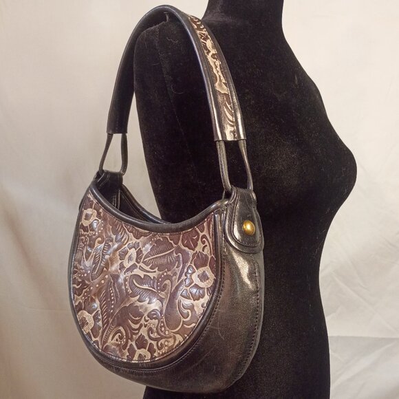 TRE VERO Black/Gray/Ivory Floral Embossed Zip-Top Half Moon Shoulder Bag - Picture 1 of 14